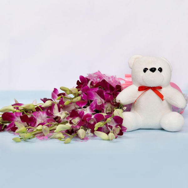 Orchid Bunch With Teddy Bear